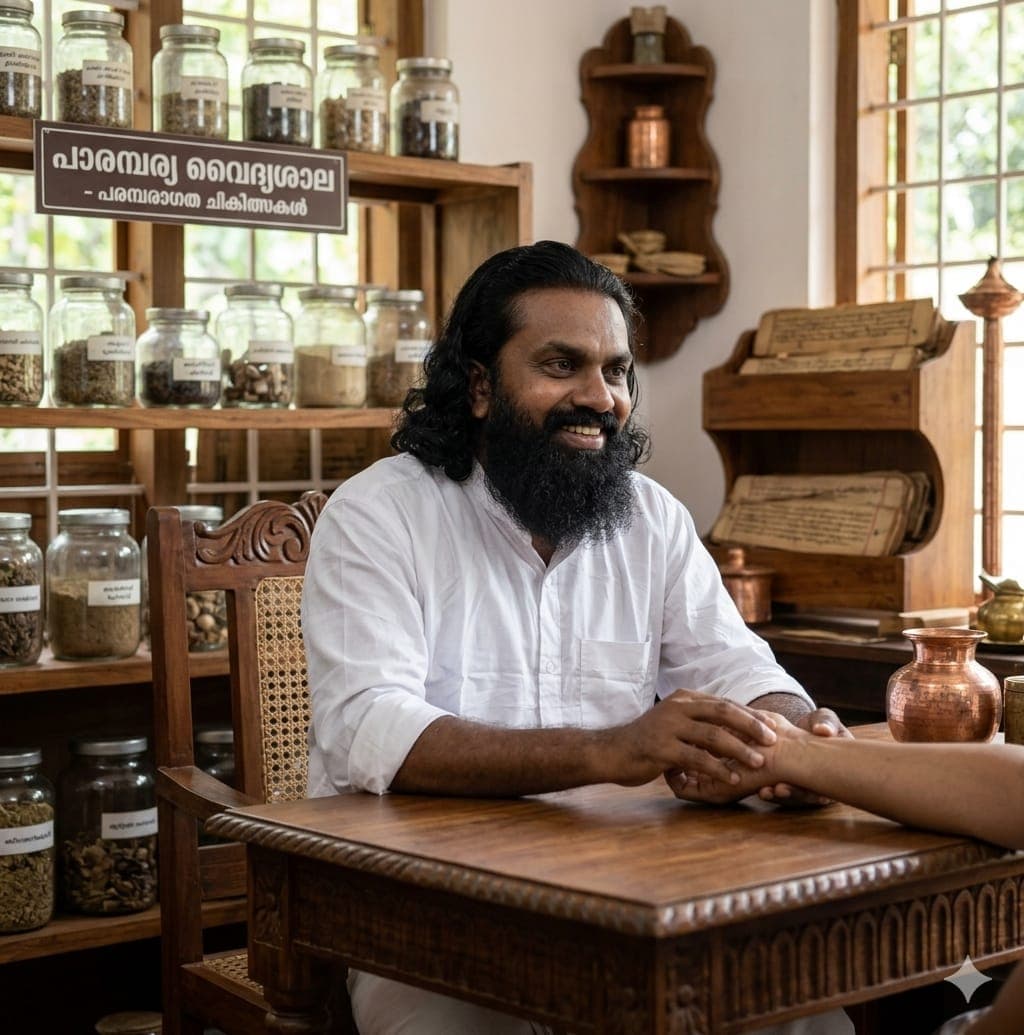 Vaidyar Shine Bhaskar at the traditional teak consultation desk of Sree Kayakalpam Vaidyashala
